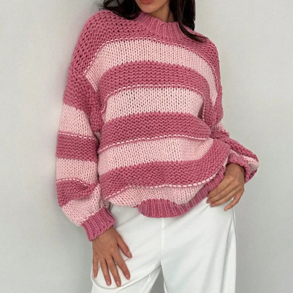 Pink Casual Women's Chunky Knit Contrast Color Lovely Crew Neck Warm Sweater - Picture 2 of 7